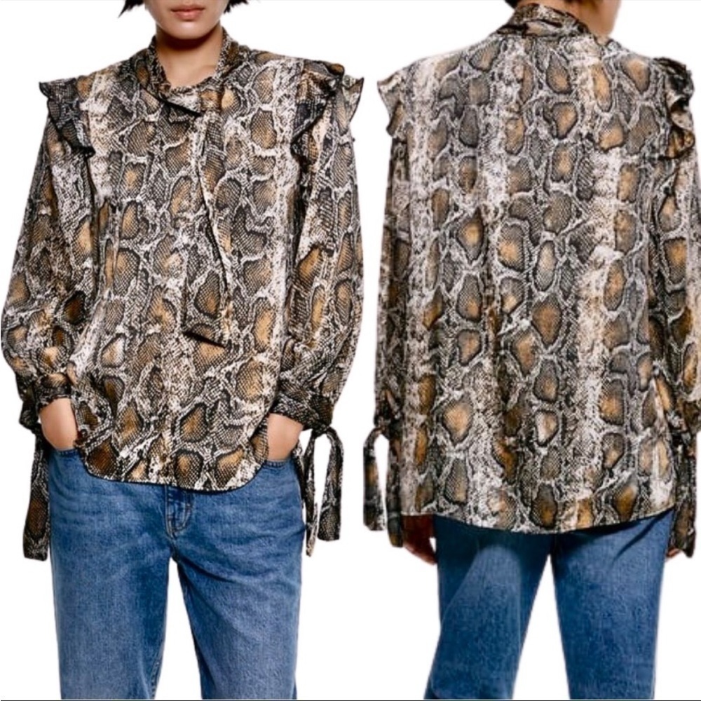Zara Snakeskin Satin High Neck Long Sleeve Blouse Sz XS EUC